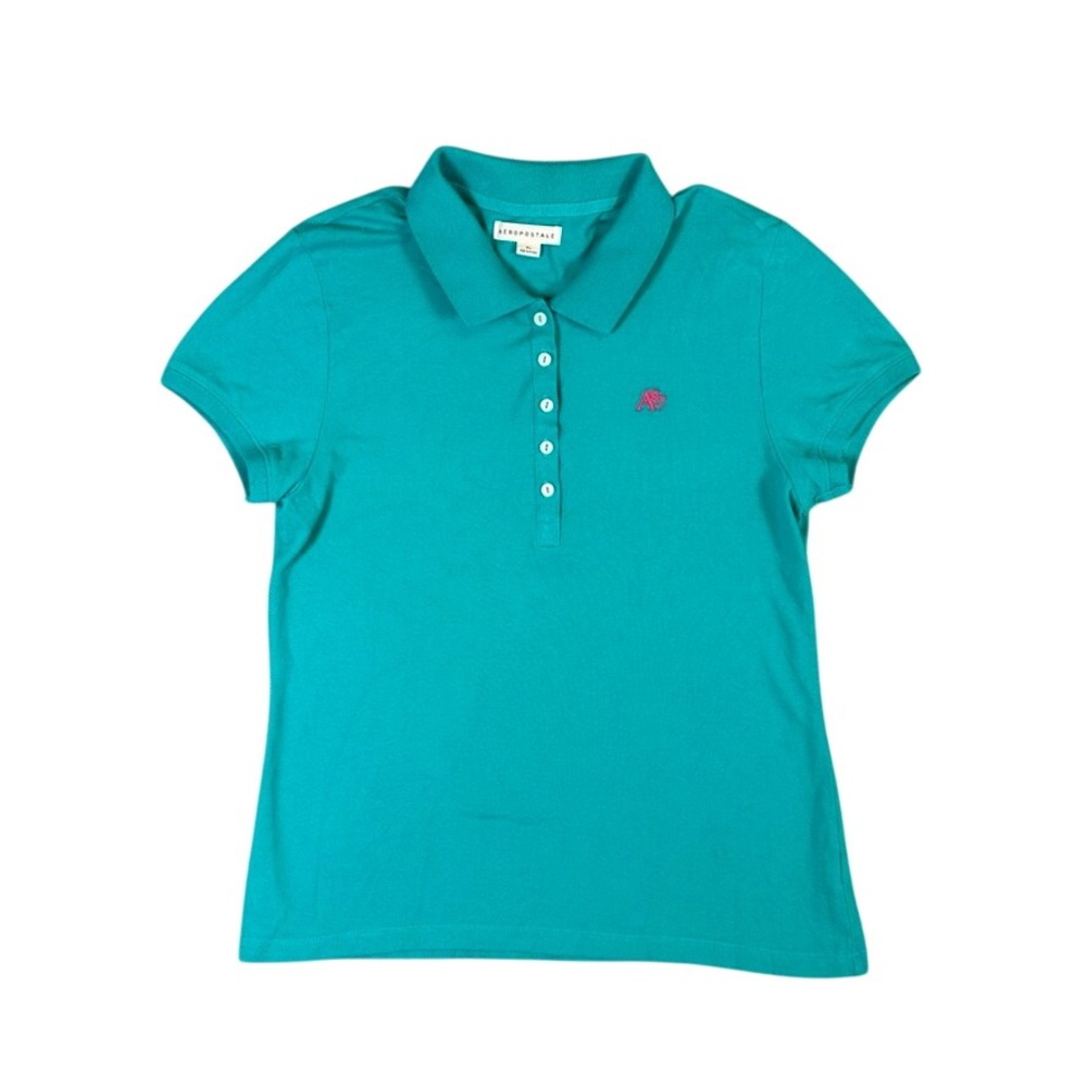 Aeropostale Womens XL Teal Green Short Sleeve A87 Logo Pique Polo Shirt